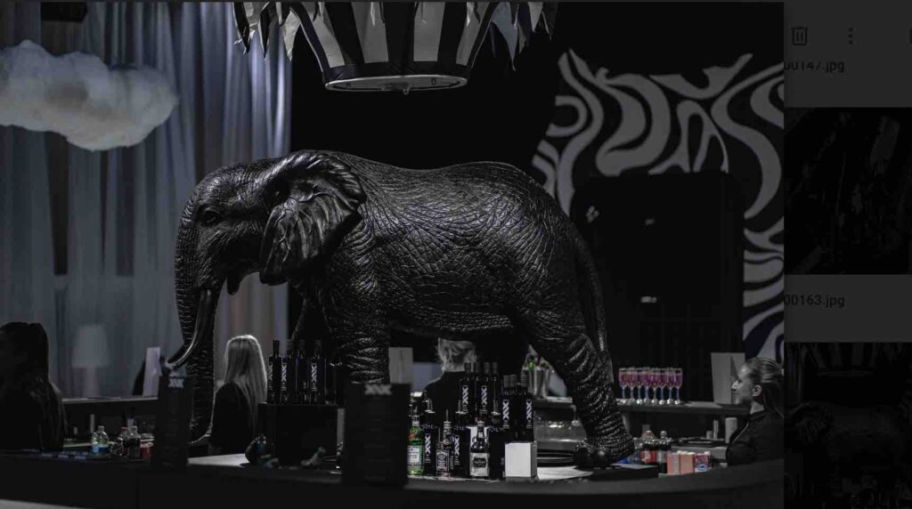 Giant black elephant with black and white hot air balloon suspended above his head used as prop in the middle of the bar at dream circus event.