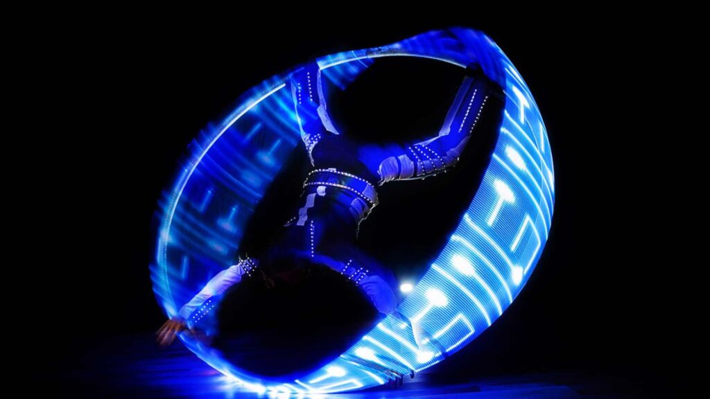 Cyr wheel lit up in blue