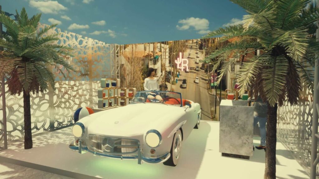 Stage set production render for automotive pop-up activation showing car and unique set.