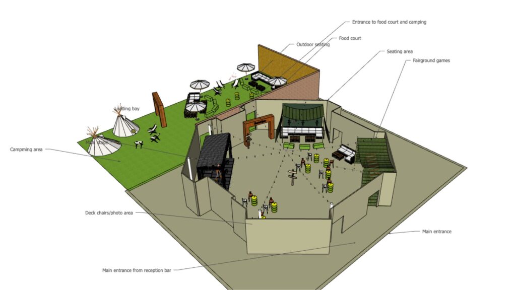 3D event floor plan for belfry hotel and spa venue showing corporate festival event design for Bionical Emas.