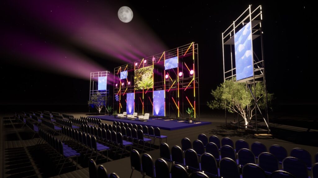 Conference event large stage design render for corporate conference.