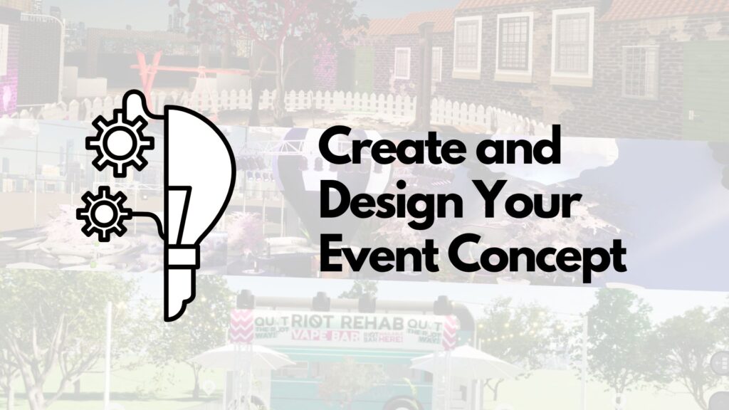 'Create and design your event concept' in bold text on top of collage of event designs.