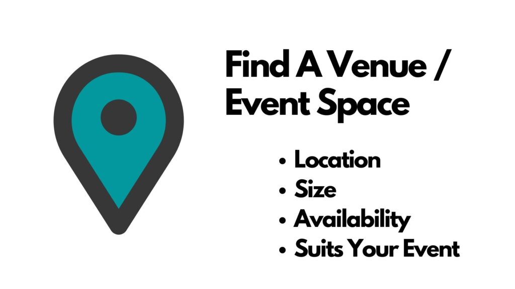 Graphic showing what to look for when finding a venue or event space: location, size, availability, suitability.