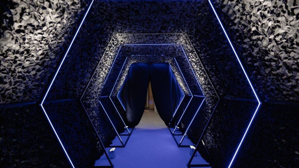 High end hexagon shaped event entrance using neon lighting.
