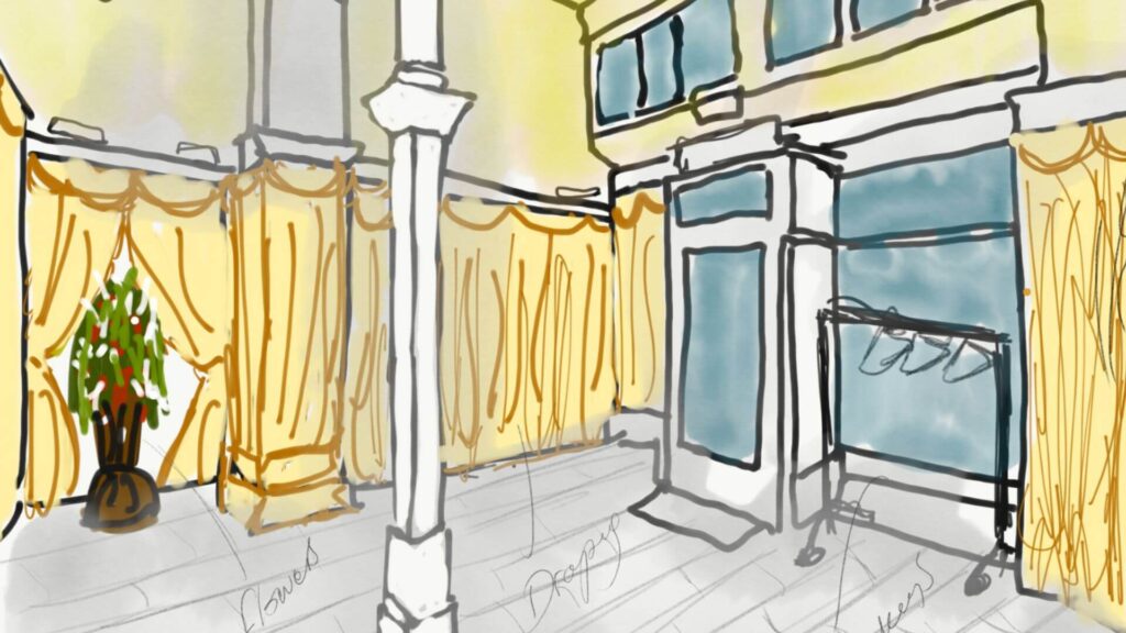 Sketch of in-store retail activation showing event concept and design.
