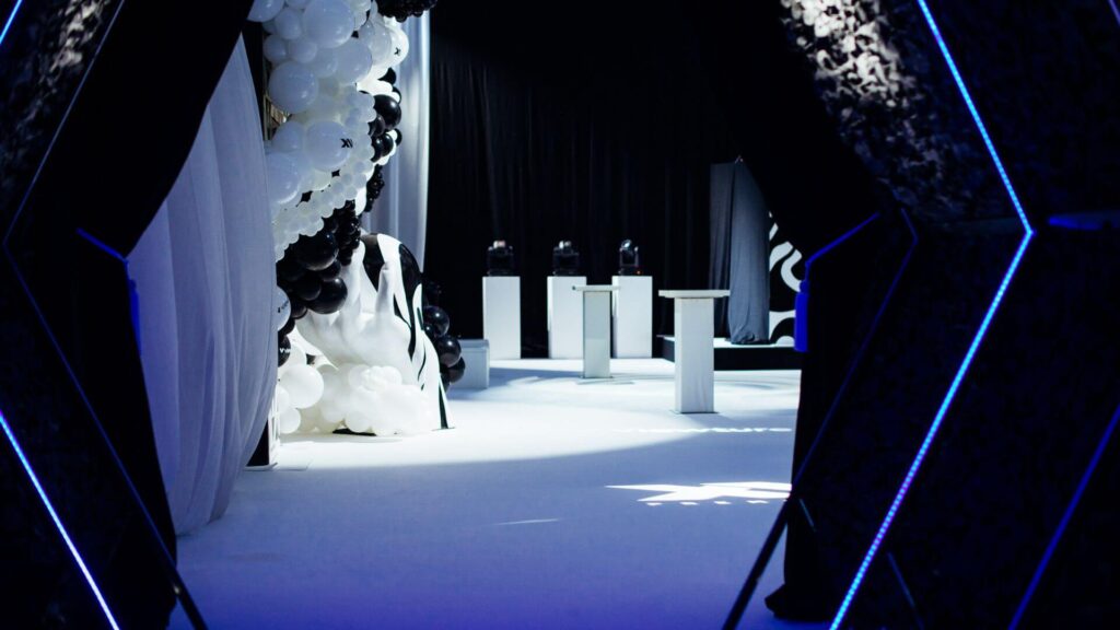 Hexagon neon entrance used in Sidemen Charity Match 2022 after party, East Wintergarden.