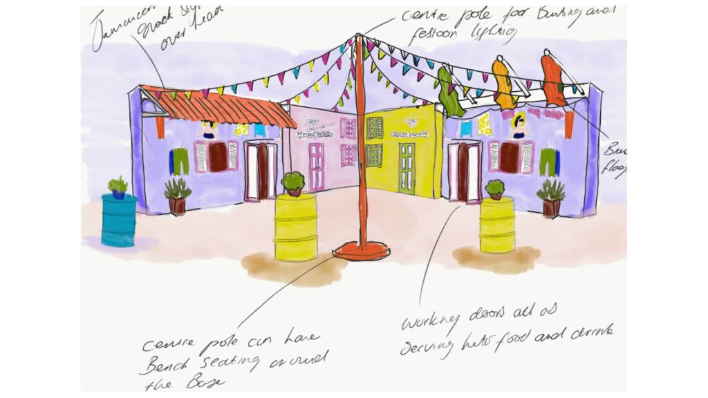 Sketch concept of public outdoor activation event with annotations.