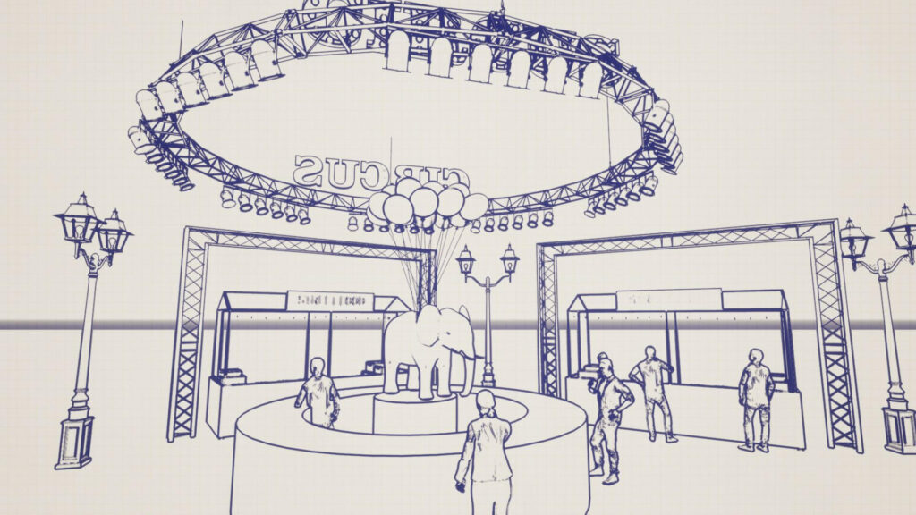 Sketch concept of Renault F1 Christmas Party circus tent, bar and light rigging.