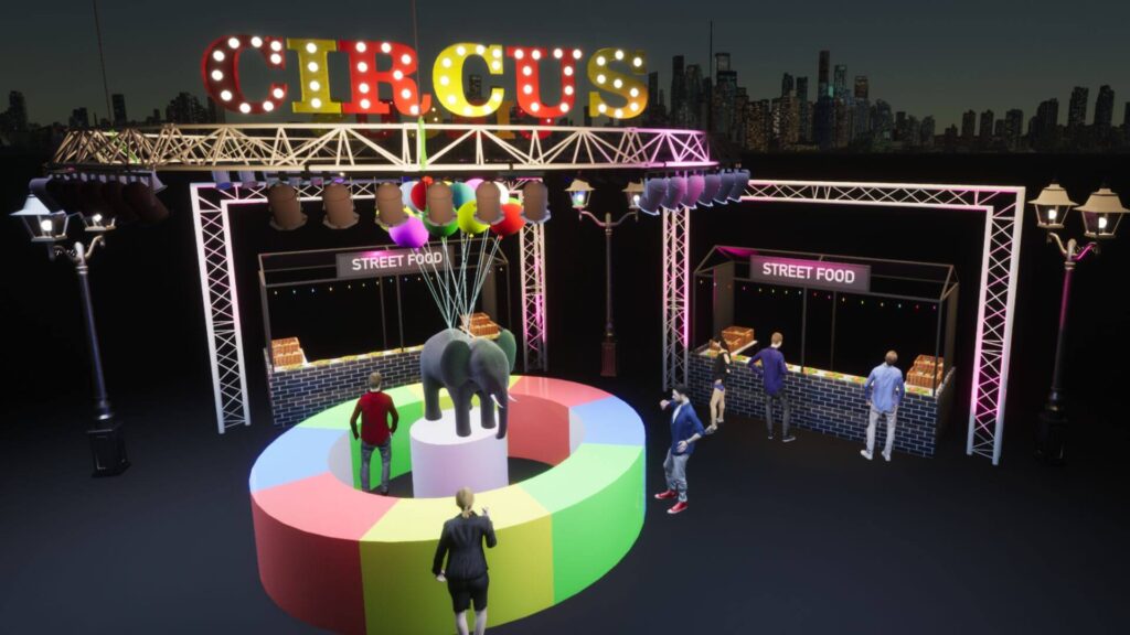 Stage 2 of design concept of Renault F1 Christmas Party showing render of circus tent, bar and light rigging.