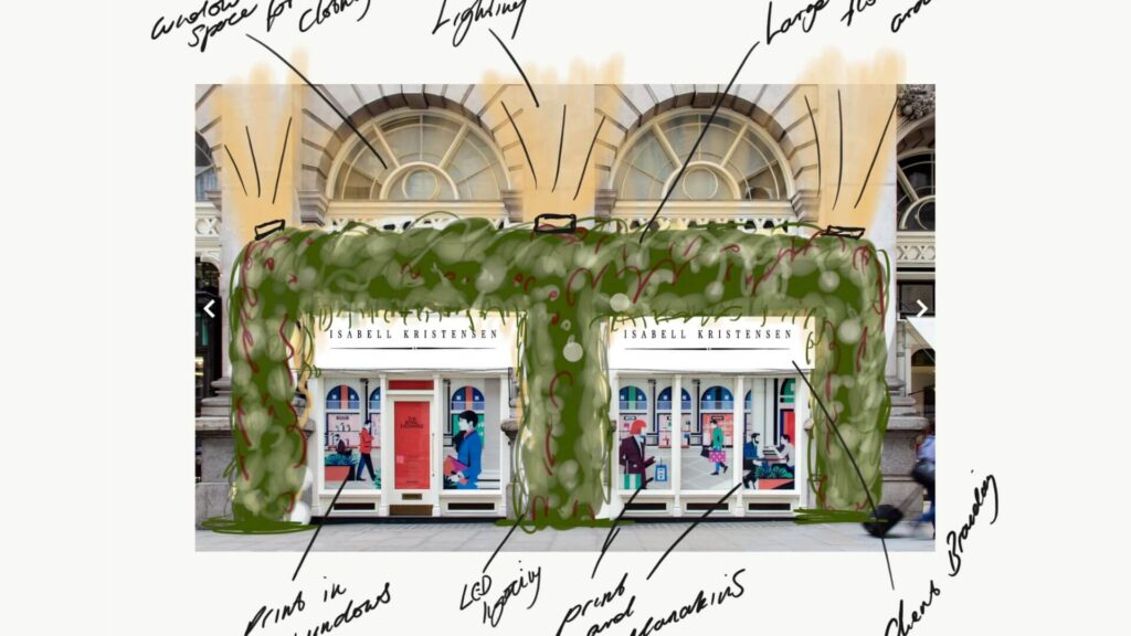 Retail storefront with sketch of Christmas decorations with annotations.