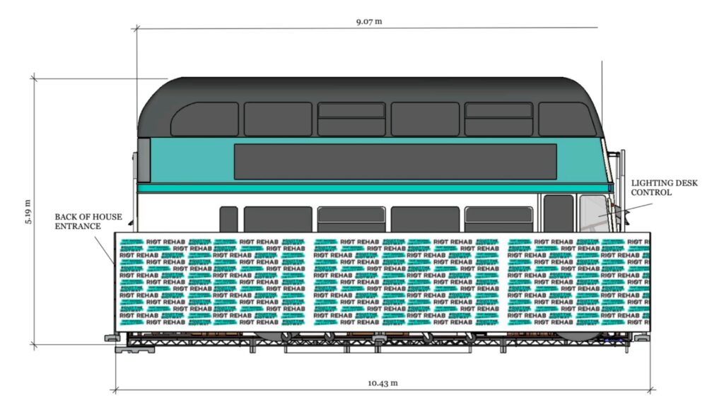 Riot Rehab Festival Bus rear facade 2D CAD with measurements.