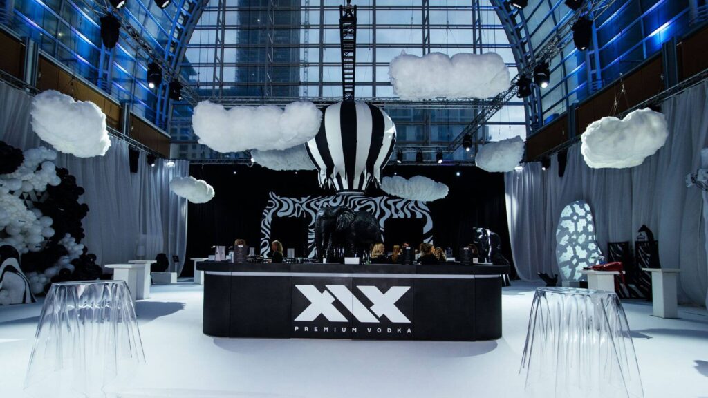 Front of Sidemen Charity Match After Party bespoke floating bar design.