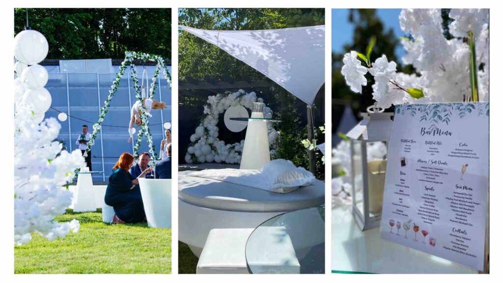 White themed party featuring white props, decorations and theming.