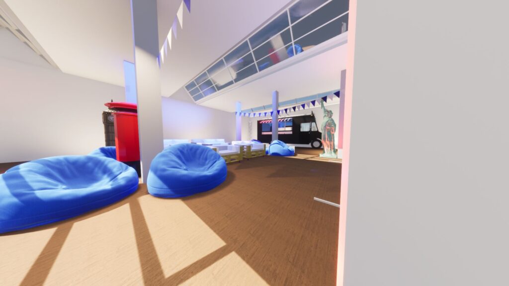 Digital render of two blue beanbags inside venue.