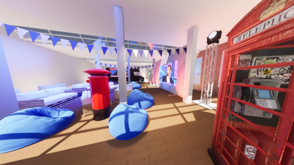 Digital Render of seating area and British telephone box prop.