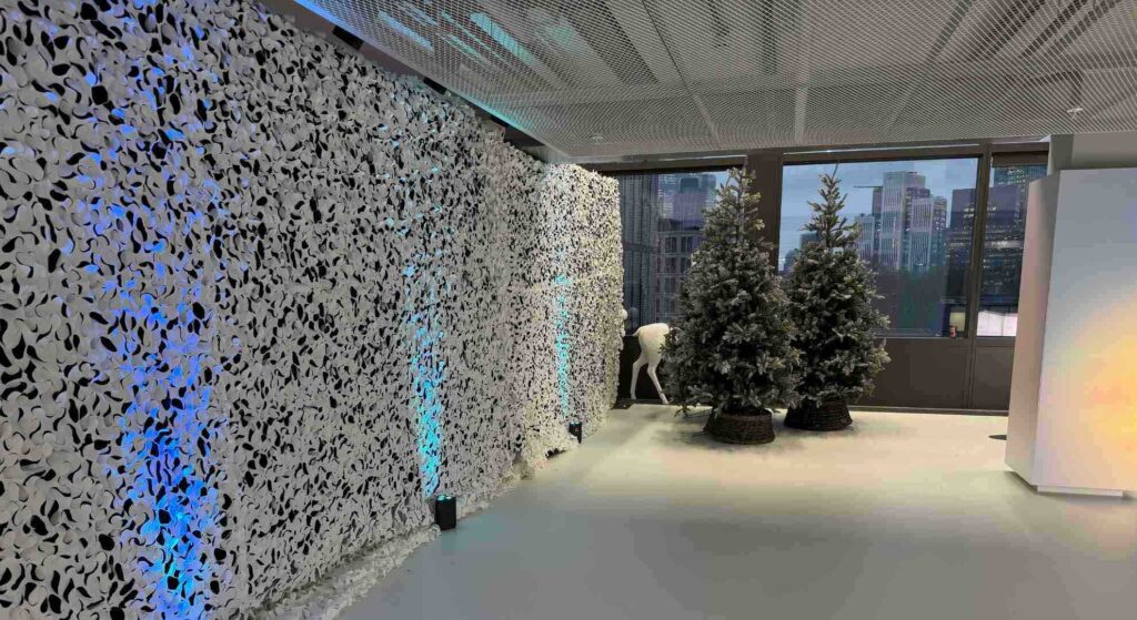 Cameo wall draping at a Christmas party event.