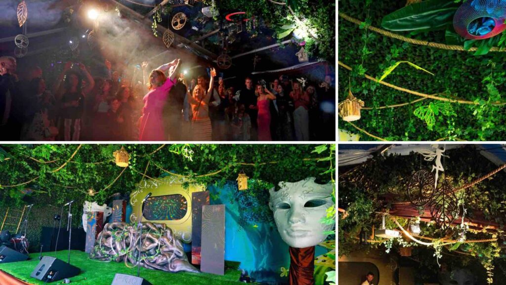 Enchanted garden themed event featuring stage design, ceiling foliage and more.