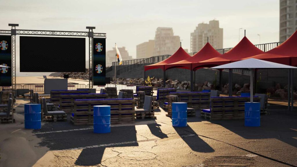 Fan zone engagement area with pallet seats, LED screen and food stall areas.
