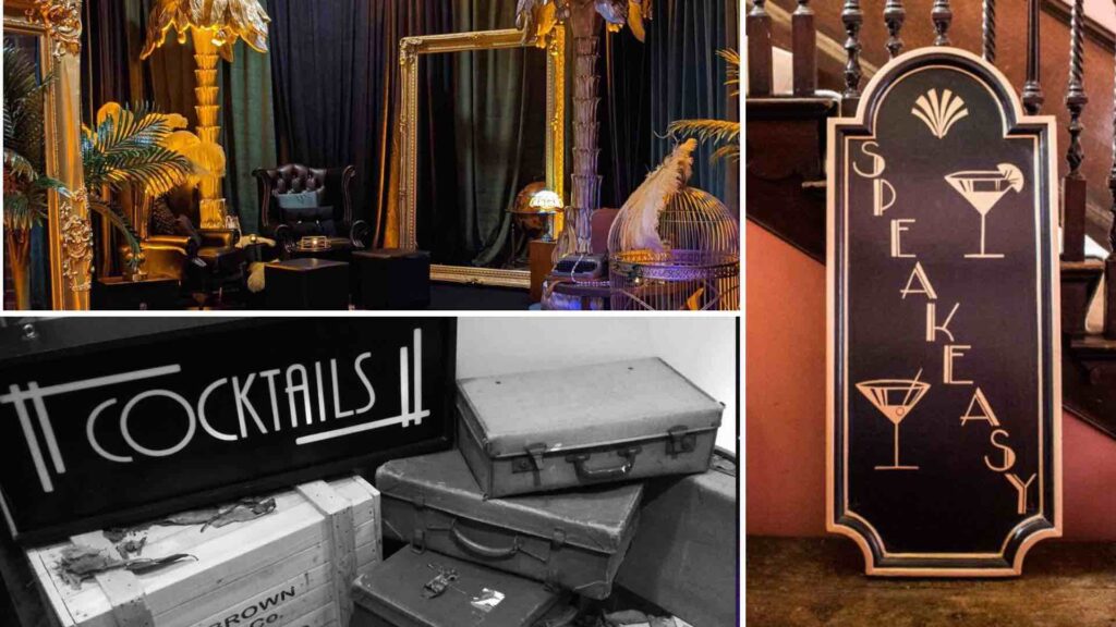 Great Gatsby 1920's gala dinner theming ideas including props and set design.