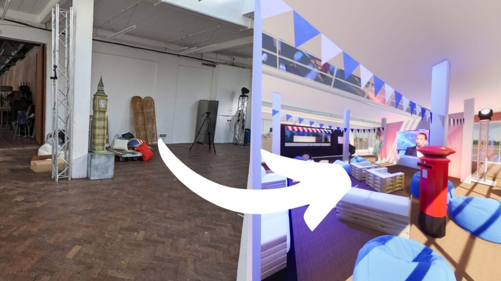 Patchworks venue before transformation (left) and after our design and production (right).