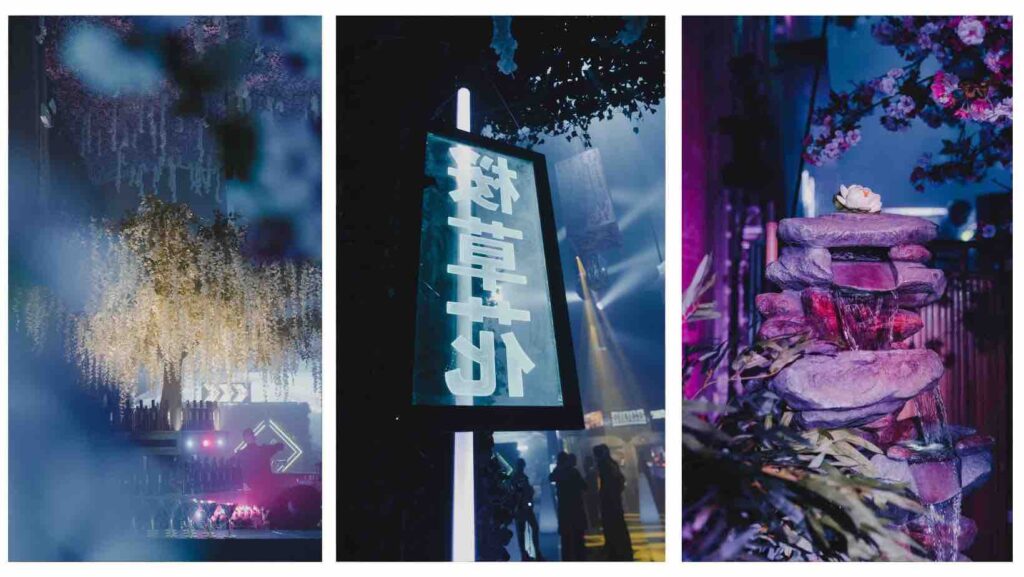 Neon Tokyo Party themes incorporating underground signage, blossom trees, waterfall props and more.