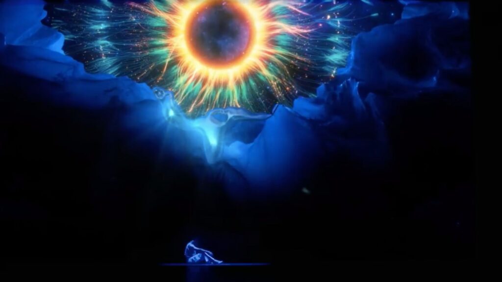 A 3d projection of a yellow sun and blue spiral on a man