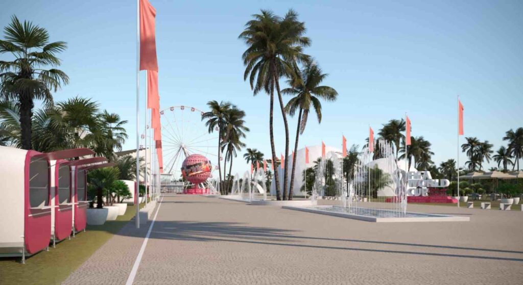 Event render of a Fifa world Cup Qatar concept featuring palm trees, tents, stands and football installations.