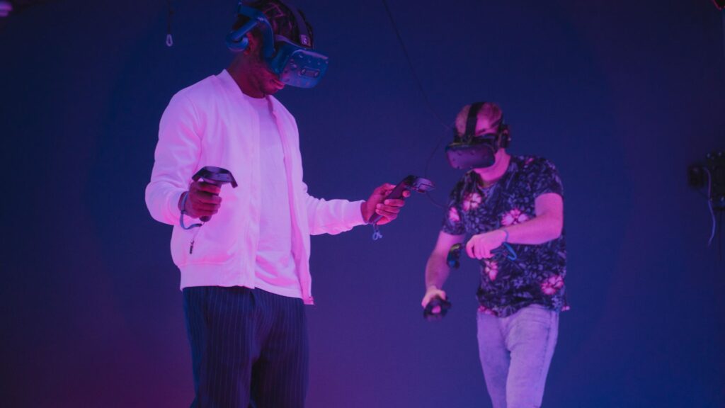 Two guests taking part in immersive reality experience.