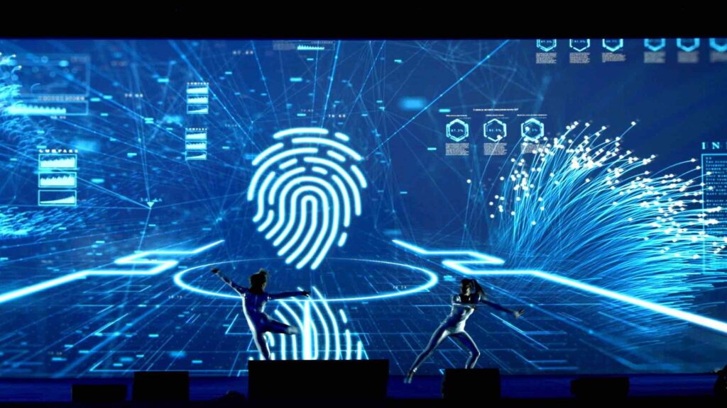 A thumbnail 3d projection with two video mapping dancers