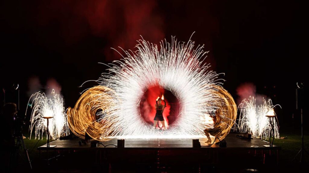 A fire entertainment show involving pyrotechnic wheels