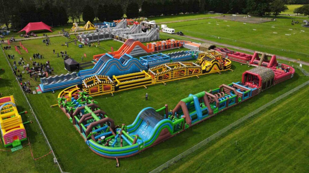A top view of a giant adults inflatable obstacle course