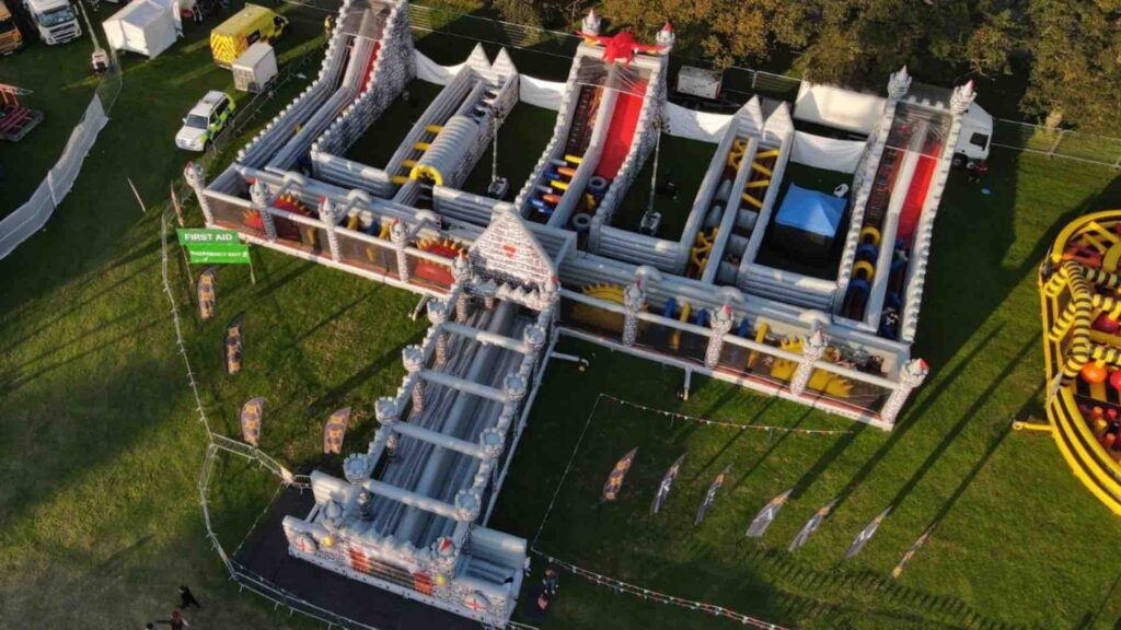 A view from above of a giant inflatable obstacle course.