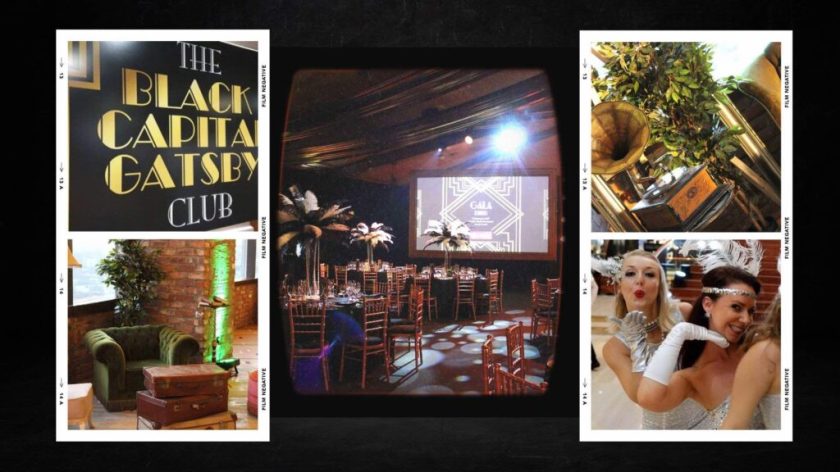 A collage of images from our great gatsby themed events featuring feather girls and palm trees
