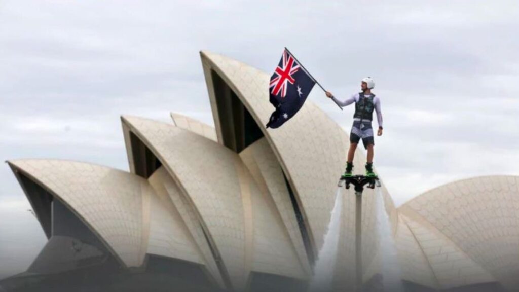 A flyboard performer outside the sydney opera house