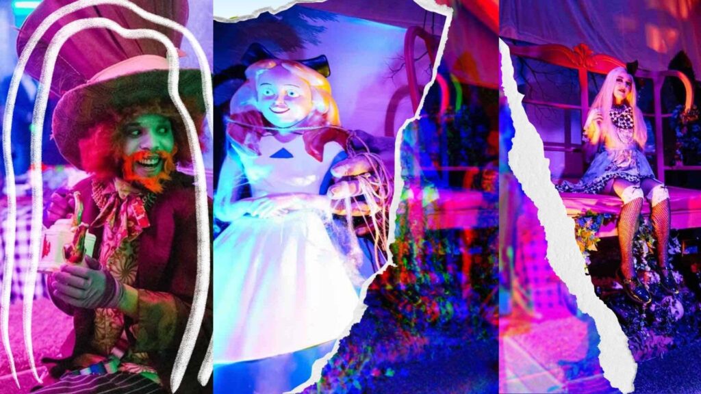A fusion of twisted alice theme images including a dwarf and a doll