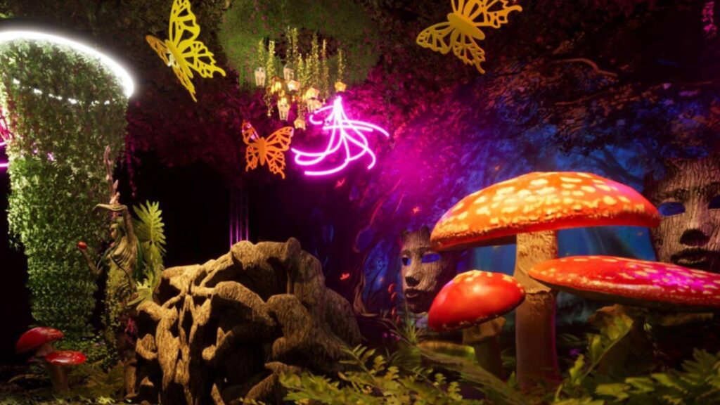 Bespoke Enchanted Garden themed set design incorporating bespoke props and decorations including red mushrooms, masks props, LED lighting and DJ booth.