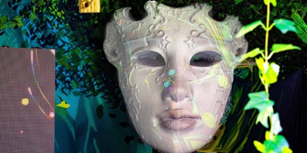 White ornamental mask with vine-inspired patterns and intricate detailing.