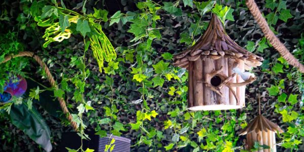 Hanging green foliage and hanging wooden bird box prop used to decorate marquee ceiling and enhance enchanted garden theme.