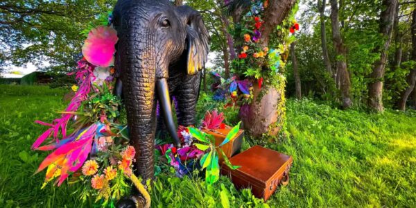 Elephant statue floral display with vintage suitcases for outdoor garden event styling.
