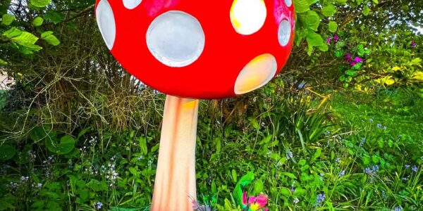 Red toadstool in an enchanted garden scene.