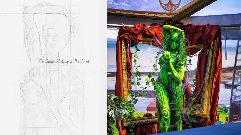 Enchanted Lady of The Forest bespoke prop, concept (left) to build (right).