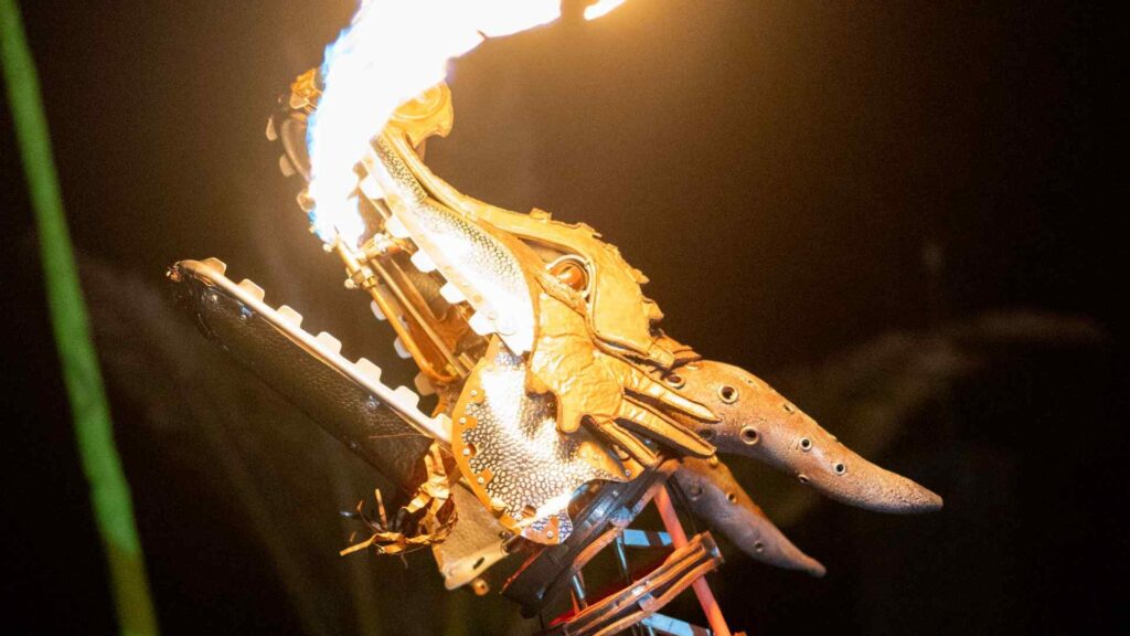 Close-up of fire-breathing dragon with flame coming out of mouth.