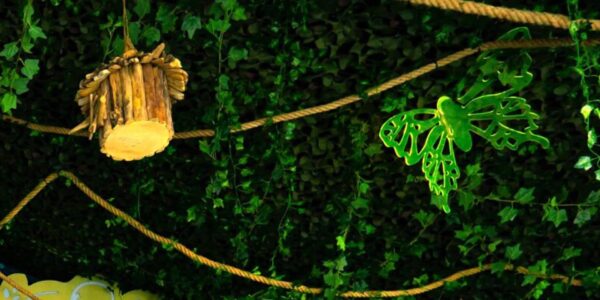 A delightful arrangement of lush green hanging foliage accompanied by decorative props for added charm.