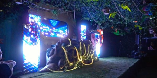 A fantastical stage design adorned with elements from an enchanted garden including bespoke 3d projection