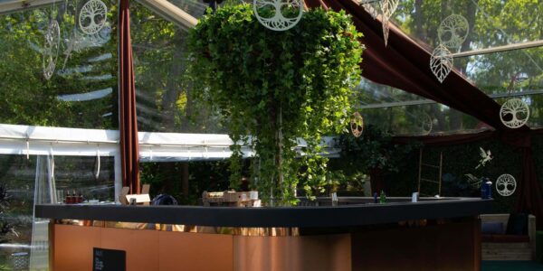 Outdoor enchanted garden bar under greenery.