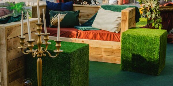 Our enchanted garden themed events with natural sourced bespoke palette seating and vibrant aesthetic