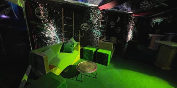 Leafy lounge setup designed for an enchanted garden theme event.