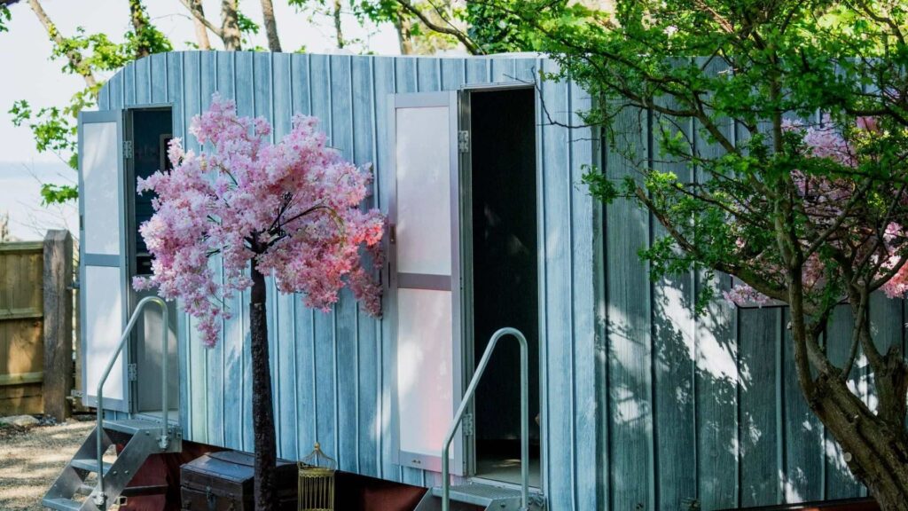 A blossom tree outside of the entrance to a portacabin.