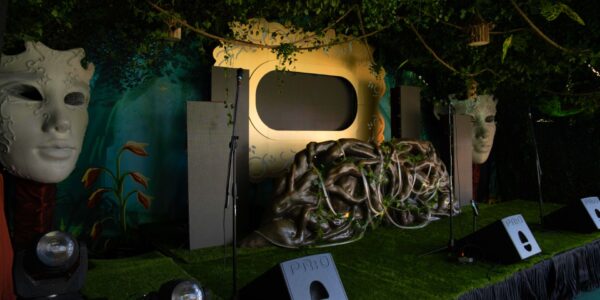 Our set design stage utilised for multiple elements from musicians to a 3D projection show featuring foliage theming and bespoke props