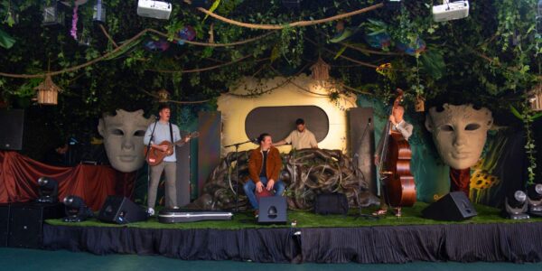 Our band set up featuring thrill collins on our bespoke stage we designed for an enchanted forest theme party